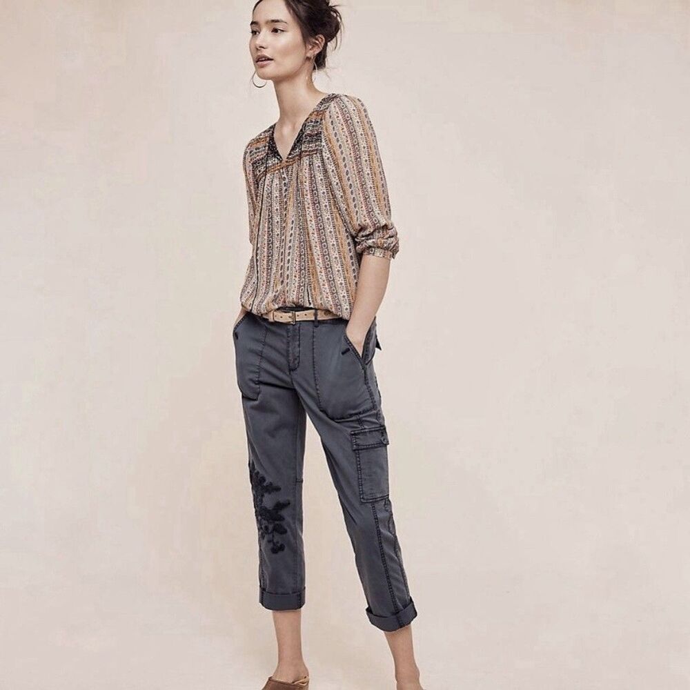 Anthropologie Hei Hei Embroidered Wanderer Cargo Pants (Sz 28) Utility Casual